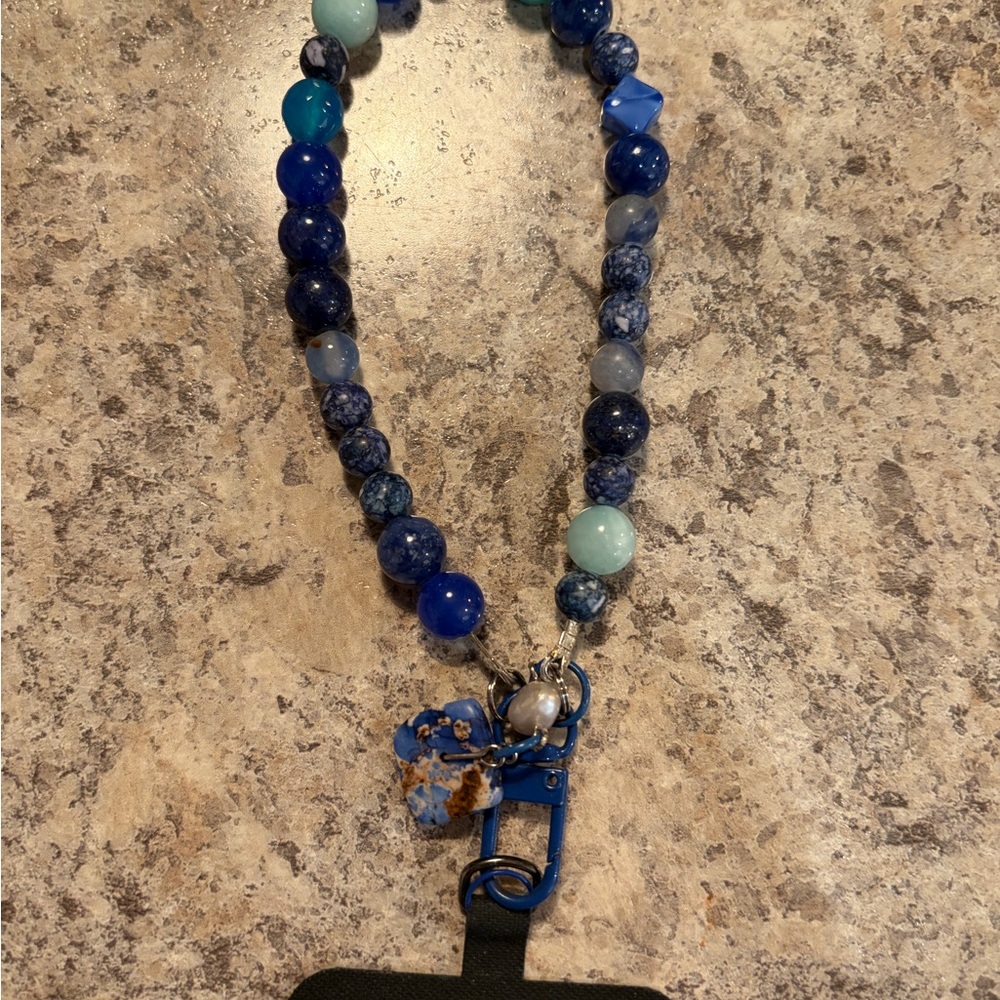 Blue Beaded Cell Phone Strap Bracelet made with real beads Blue color